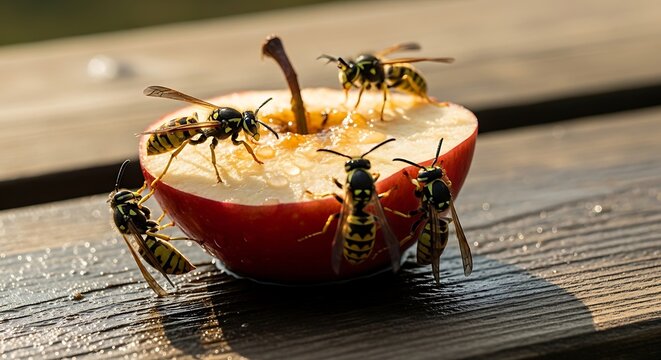 Several wasps eating a sliced red apple on a wooden surface in sunlight