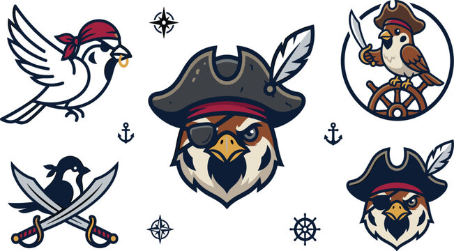 Cute Pirate Sparrow Mascot Set with Cartoon Bird Captain Icons Swords Ship Wheel and Nautical Emblem Elements for Esports Team Branding Graphic Designs