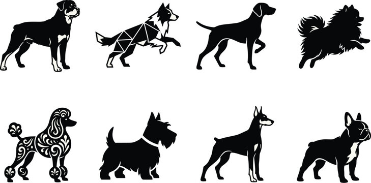 Stylized dog breed silhouette collection featuring Rottweiler, Border Collie, Pointer, Pomeranian, Poodle, Terrier, Doberman, and Bulldog