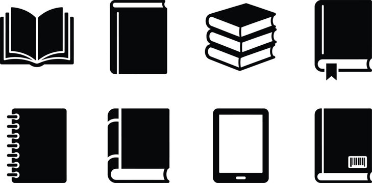 Collection of book and digital reader icons in black and white for educational and tech use