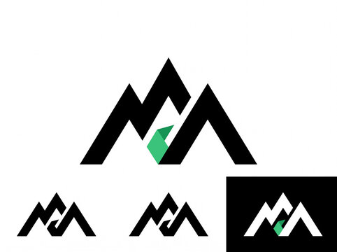 Minimalist modern vector logo of stylized letter M formed by mountain peaks with emerald accent on white
