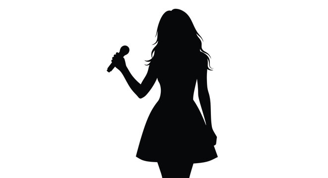 Singer silhouette holding a microphone against a white background a dark outline of a performing woman artist female figure