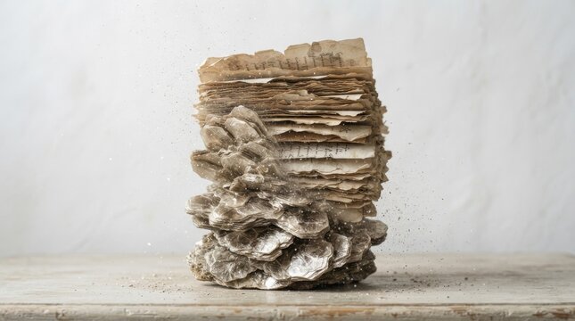Stacked vintage paper and mica mineral on table