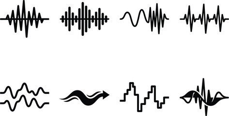 Obraz premium Collection of various sound wave forms and audio frequency signals in a flat black icon style