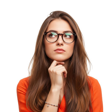Thoughtful woman with glasses resting her chin on hand