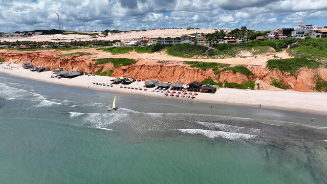 Canoa Quebrada Beach In Aracati Ceara Brazil. Breathtaking Aerial View Of A Lush Tropical Coastline Scenery. Coast Horizon Seaside Summertime. Coast Panoramic. Aracati Ceara.