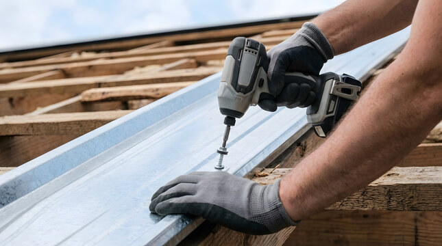Close up of a construction worker using a power drill to fasten a metal roof panel. Hands in gloves driving a screw into corrugated steel on wooden trusses. Building installation detail
