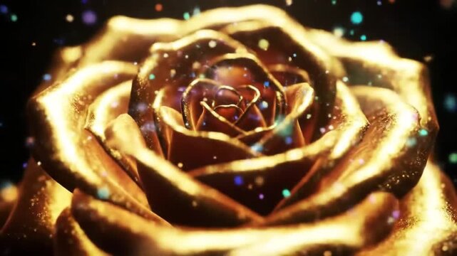 Close-up of a golden rose blooming with glowing particles in dark background
