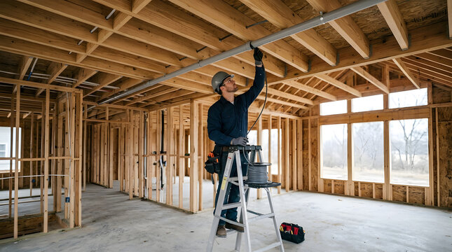 Electrician running black cable through ceiling conduit in an unfinished house. Construction worker on a ladder installing wiring in wood framing