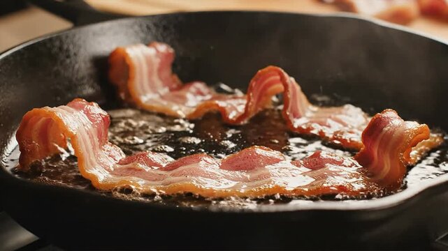 Crispy bacon strips sizzling on hot cast iron pan with steam