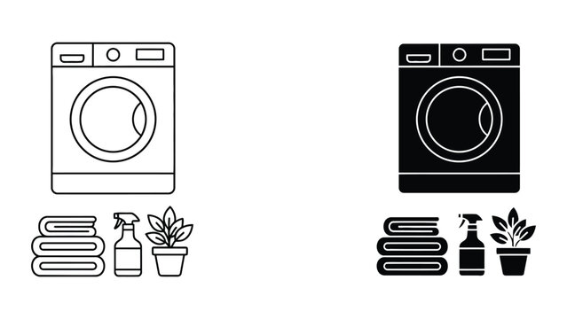 Modern laundry washing machine with cleaning supplies vector set