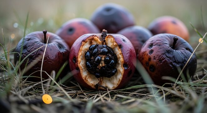 Close-up of decaying apples in the grass showing signs of rot with decomposition