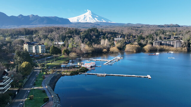Scenic Lake In Pucon Los Rios Chile. Birds Eye View Of Stunning Cityscape With Streets And Buildings. Coast Clouds Seaside Summertime. Coast International Beach Panorama. Pucon Los Rios.