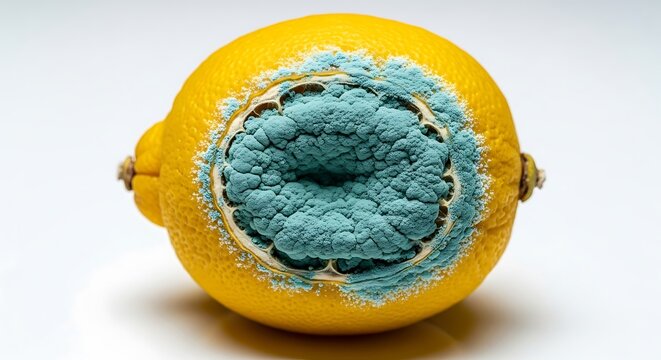 A whole yellow lemon covered with thick blue mold contaminated bacteria