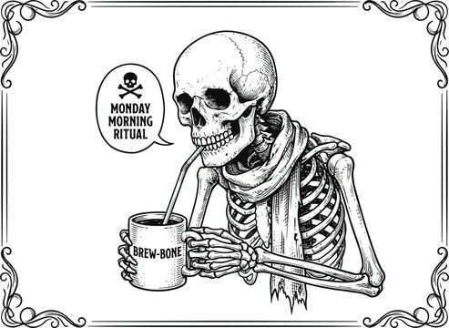 Vintage Skeleton Drinking Coffee with Funny Monday Morning Ritual Quote Hand Drawn Vector Illustration