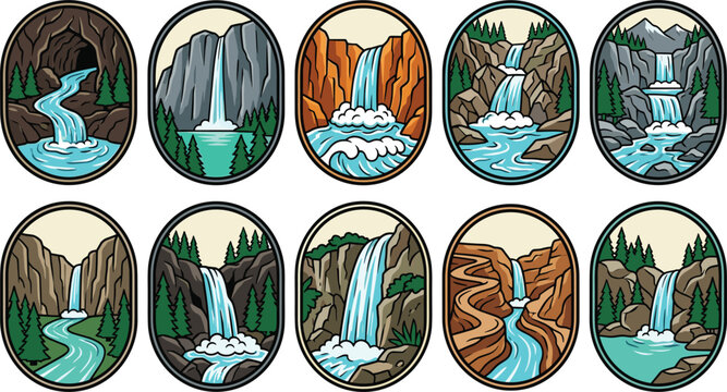 Cartoon Waterfall Badge Icon Set with Oval Frames Featuring Mountain Cliffs Rocky Canyons Forest Trees Wilderness and Outdoor Adventure Graphic Elements Vector