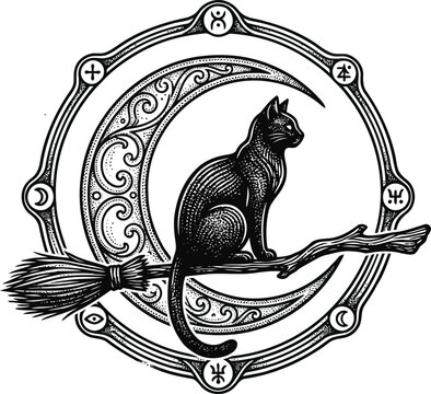 Vintage Engraving Black Cat Sitting on Crescent Moon with Witch Broom, Halloween Occult Vector Illustration