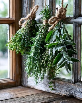 Fresh Herb Bundles Dry on Rustic Window Frame
