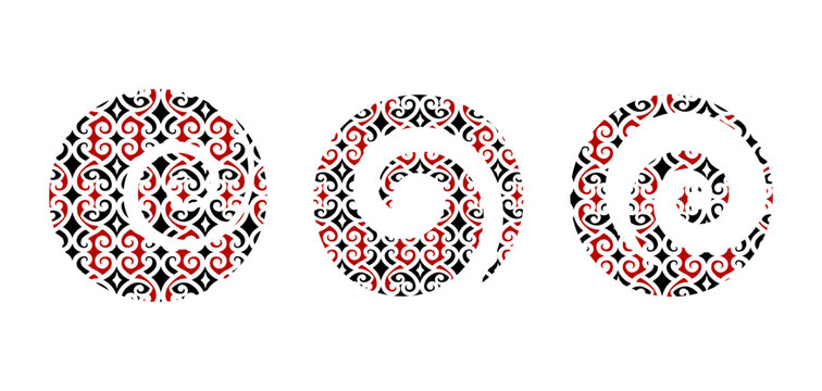 Maori koru spiral patterns in circle shape, traditional New Zealand tribal tattoo vector ornament set