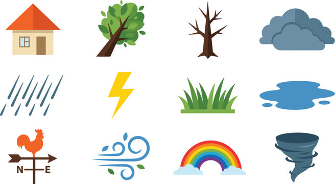 Flat Severe Weather and Natural Disaster Icon Set Featuring Tornado Hurricane Wind Rain Lightning Rainbow Storm Cloud and House Elements Vector