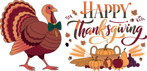 Thanksgiving turkey and harvest illustration colorful vector graphic © AHvect
