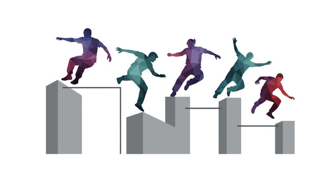 Abstract People Jumping Over Obstacles Bar Chart Concept