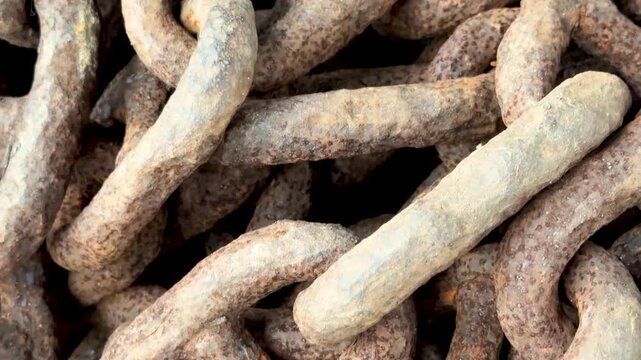 Closeup of rusted metal chains showcasing texture and patina in an intricate overlapping pattern