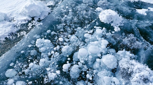 Frozen Methane Bubbles and Cracks in Icy Lake Surface, Cold Pattern