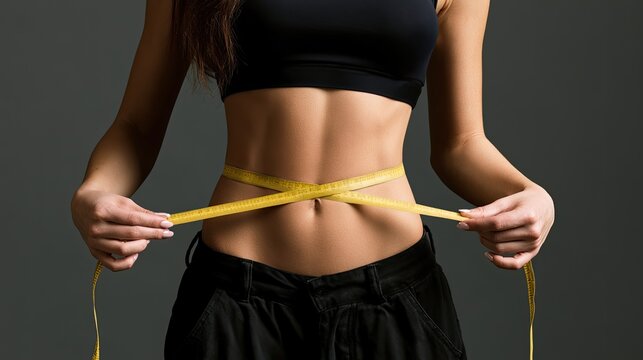 Fit person measures their waist with a yellow tape measure against a dark background