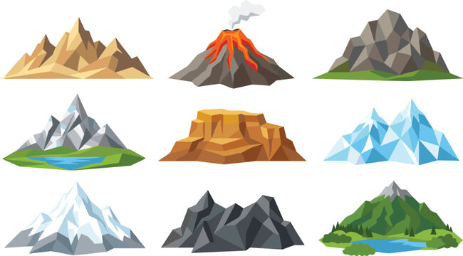 Low Poly Mountain Icon Set Featuring Flat Geometric Landscapes Volcano Canyon Snowy Peaks Highlands and Nature Hills Graphic Elements Vector