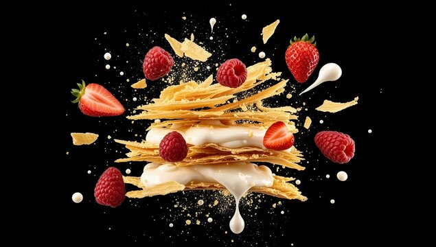 Luxury French mille feuille pastry layers exploding in mid air gourmet dessert