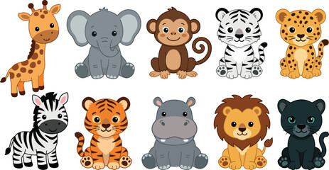 Obraz premium Cute safari jungle baby animals vector character set collection including elephant giraffe tiger lion monkey zebra leopard panther hippo