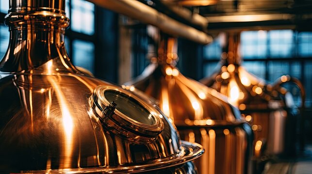 Gleaming copper stills lined up, reflecting light, in a dimly lit room