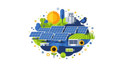 Fototapeta premium Sustainable Solar Energy Concept Illustration with Photovoltaic Panels, Sun, Battery Storage, and Nature Elements for Green Power and Environmental Conservation