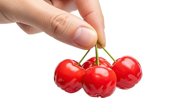 Hand Holding Bunch of Fresh Red Cherries Isolated on White Background