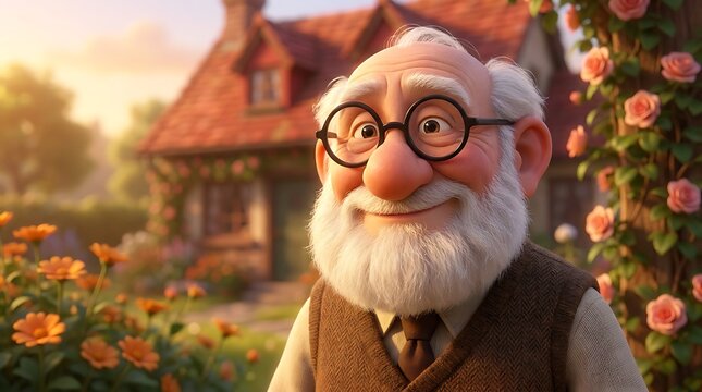 Charming cartoon grandfather portrait whimsical character design for animation projects