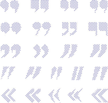 Purple halftone typography quotation mark symbols arranged in rows on transparent backdrop.