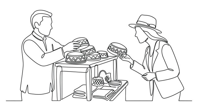 A continuous line art drawing of a male shopkeeper and a female customer shopping for traditional hats