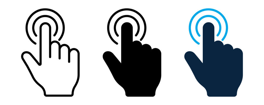 Three hand cursor click icons set, touch screen pointer symbol vector illustration on white background.