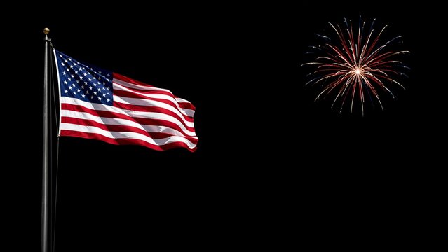 American Flag with Red Fireworks on Black Independence Day Background