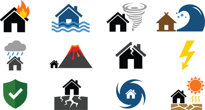 Minimalist House Natural Disaster Icon Set with Silhouette Graphics Featuring Fire Flood Tornado Tsunami Storm Earthquake Drought and Insurance Shield Vector
