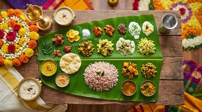 Traditional onam sadya feast served on banana leaf with colorful vegetarian dishes, south indian festival meal arrangement perfect for onam