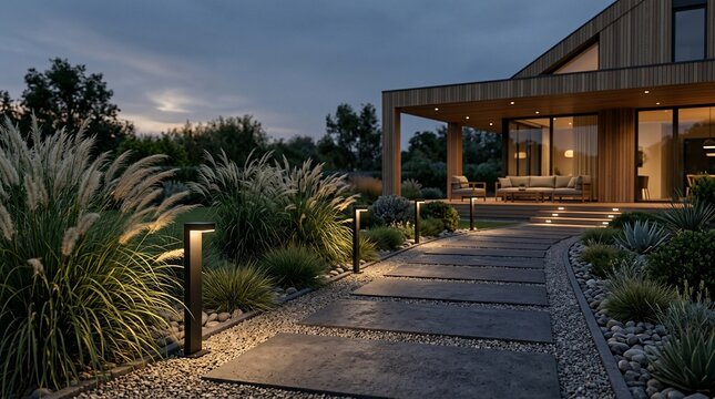 Modern home exterior pathway illuminated at dusk with landscaping