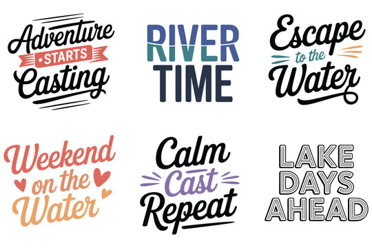 Fishing lettering quotes vector set, lake life typography, 6 outdoor slogans Editable Vector
