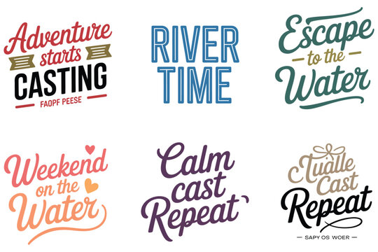 Vintage fishing quotes vector set, retro river typography, 6 outdoor labels Editable Vector