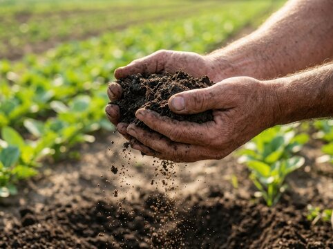 El Ni&ntilde;o Soil in farmer's hands with green plants growing in the background