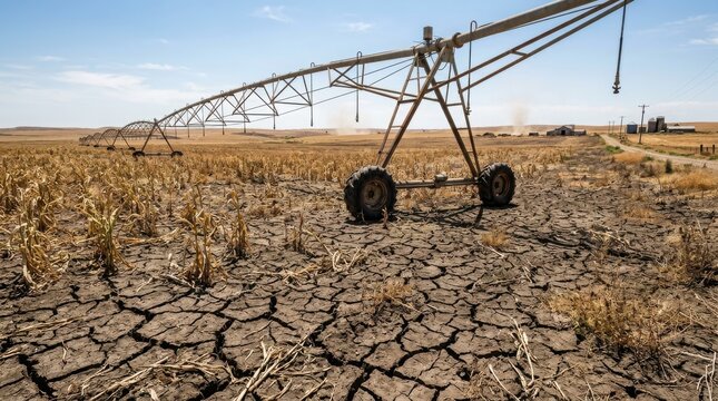 El Ni&ntilde;o drought stricken cornfield with irrigation system in dry cracked earth