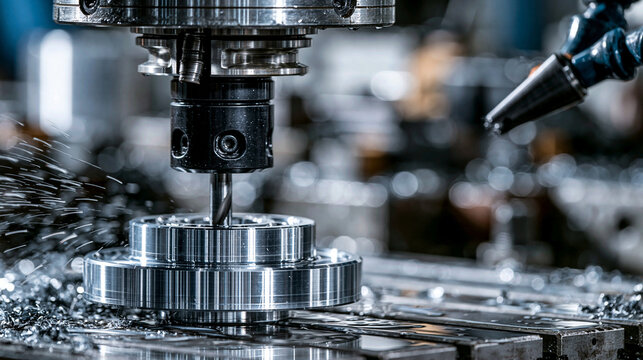 Industrial CNC milling machine cutting a metal workpiece with coolant spray. Precision manufacturing process for engineering and heavy industry concepts.