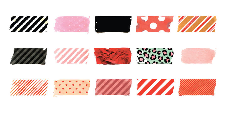 Set of colorful decorative washi tape strips with various patterns and textures