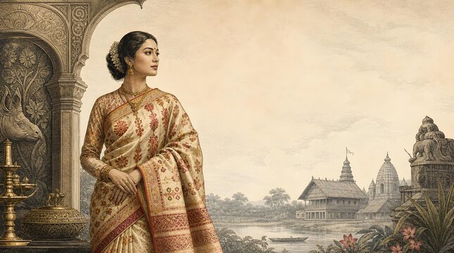 Traditional Assamese Woman Wearing Mekhela Chador Silk Engraving Banner